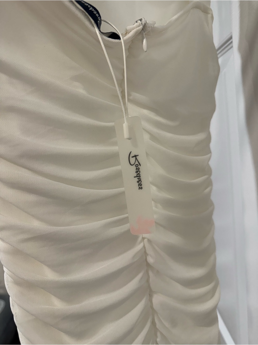 Elegant Ivory Ruched Midi Dress with Sheer Straps (off the shoulder) - Picture 2 of 4